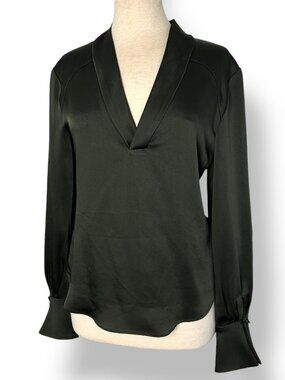 NWT Simkhai Maisy Blouse Top Satin Crepe Cuffed Green/Black V-Neck Sz 2